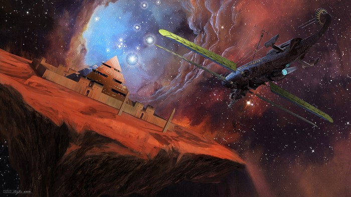 Pyramid structure on a planet with a spaceship in space