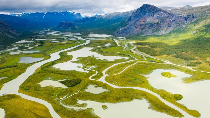 Aerial view of Rapa Valley, Sarek National Park, Sweden