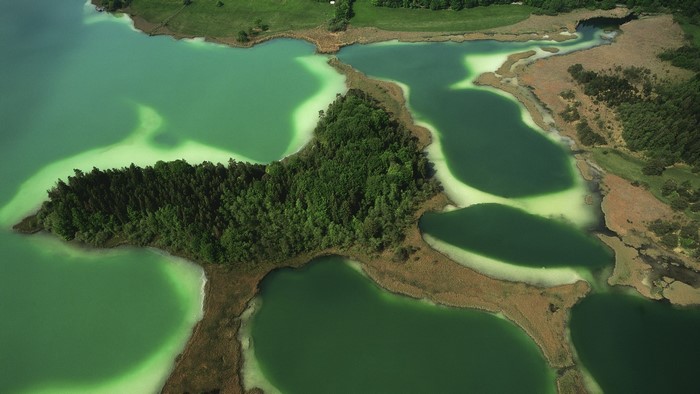Aerial view of Osterseen lakes and island in Germany