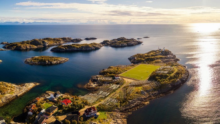 Aerial view of Henningsvaer soccer field on Lofoten Islands, Norway