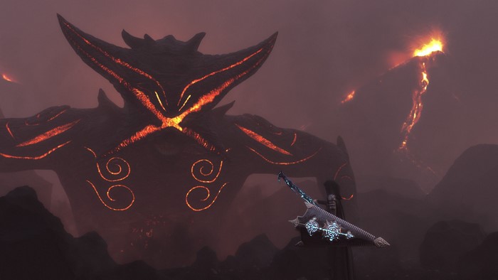 Path of Exile game art with a large fiery monster and a sword