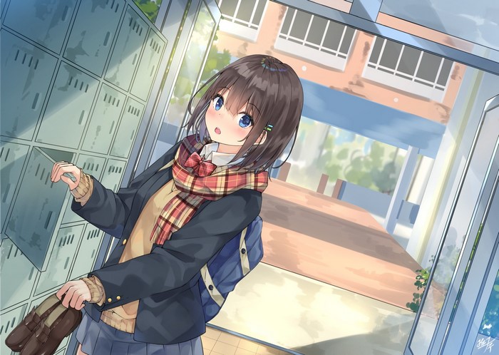 Anime girl with scarf and backpack by lockers