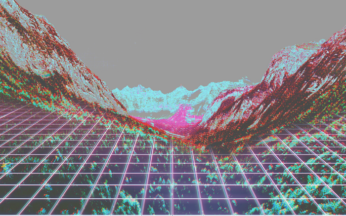 Digital mountain landscape with a grid overlay