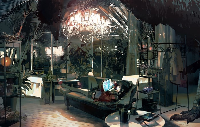 Anime girl on couch with laptop in dark room