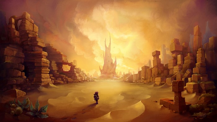 Character in a ruined desert landscape with a tall spire