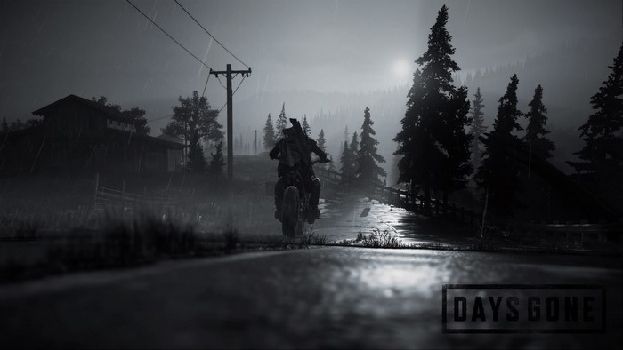 Deacon riding a motorcycle in the rain in Days Gone