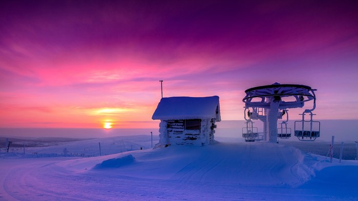 Ski lift and cabin at sunrise in Saariselkä, Finland