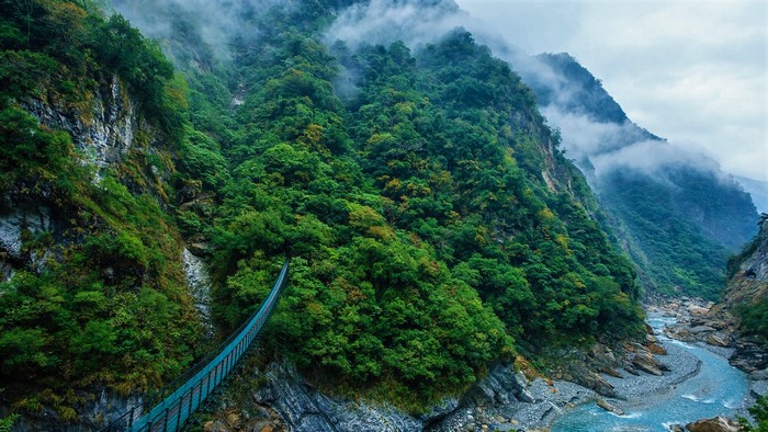 Suspension bridge over a river in Taroko National Park, Taiwan