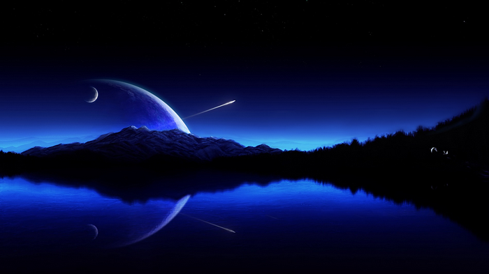 Digital art of a planet and moon over mountains reflected in water