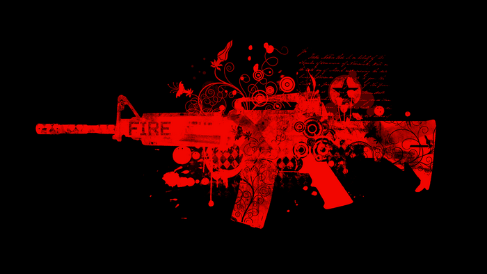 Red assault rifle with floral and grunge design on black background