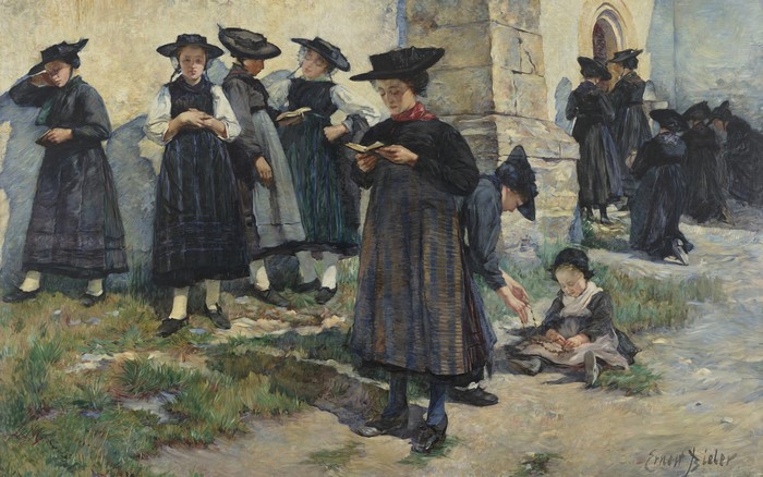 Painting of girls in traditional dress outside a church