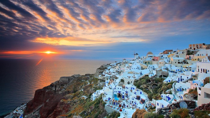 Aegean Sea, house, car, Oia Town, sky, sunset, Greece, landscape ...