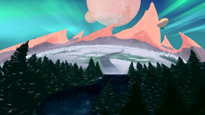 Fantasy landscape with mountains and aurora