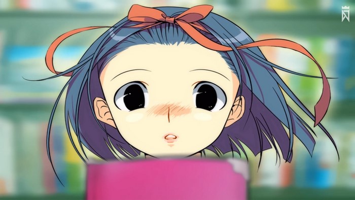 Anime girl with blue hair and red bow from DJ Max