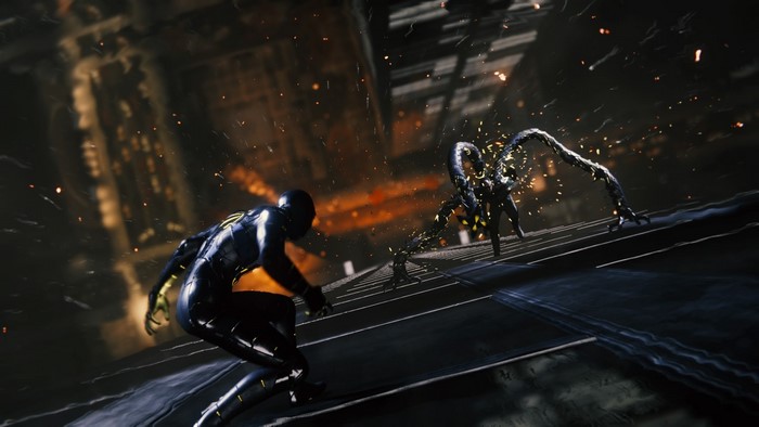 Spider-Man fighting Doctor Octopus in a city