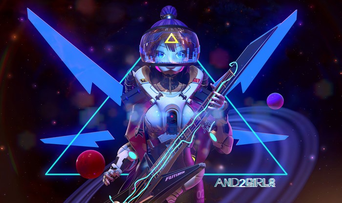 Anime girl in cyberpunk armor playing guitar