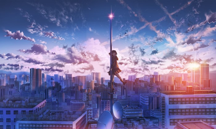Anime girl on pole overlooking city at sunset