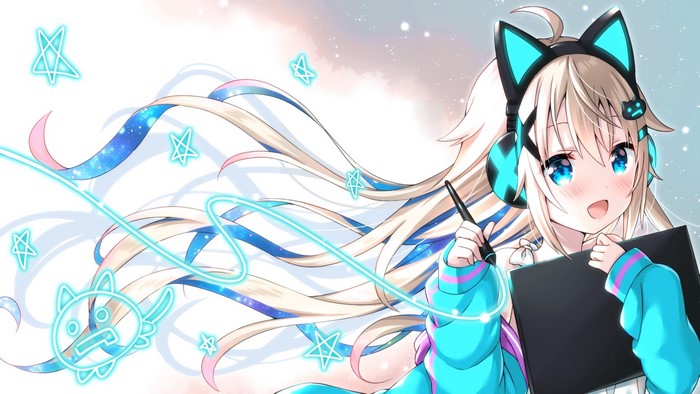 Anime Girl with Cyan Cat Headphones Drawing