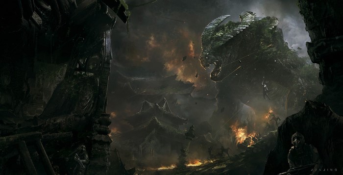 Giant creature attacking a village with soldiers
