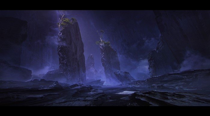 Fantasy landscape with rocky spires and mist
