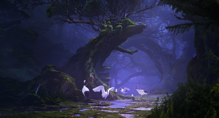 Digital painting of a mystical forest with cranes