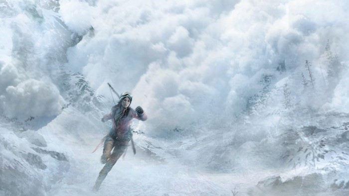 Lara Croft running from an avalanche in Rise of the Tomb Raider