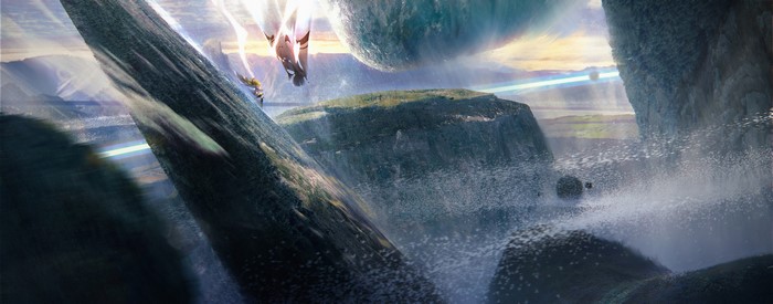 Artwork of figures in a fantastical landscape with floating islands