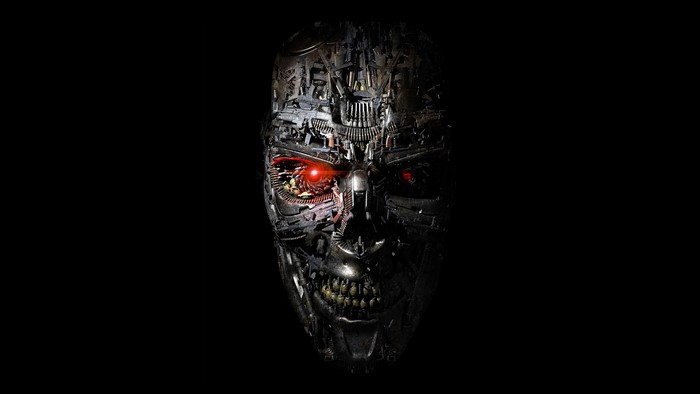 Terminator cyborg face with red eyes