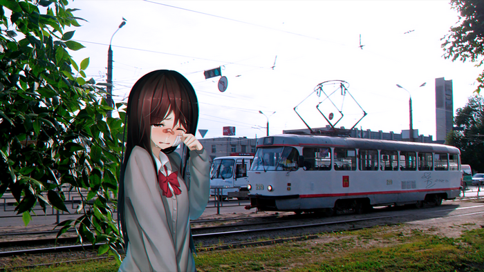 Anime girl crying near a tram in Russia