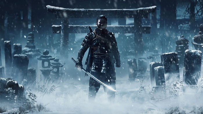 Samurai warrior with katana in snowy graveyard