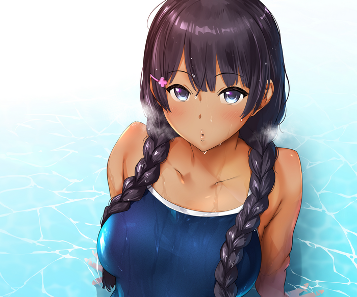 Anime girl with black hair and blue eyes in a swimsuit