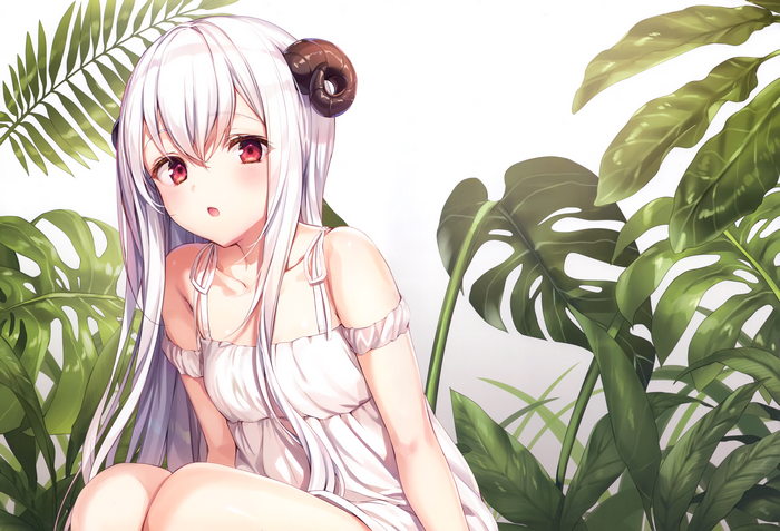 Anime girl with horns and white dress in jungle