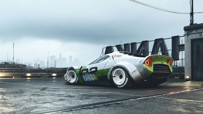 Futuristic Lancia Stratos race car on wet asphalt