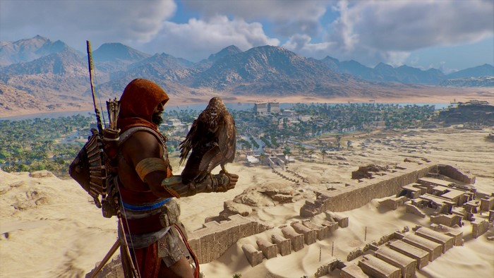 Bayek with Senu from Assassin's Creed Origins overlooking a city