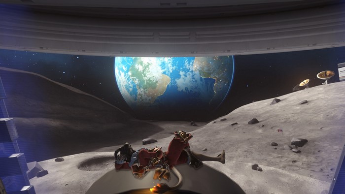 Junkrat from Overwatch on the Moon with Earth in the background