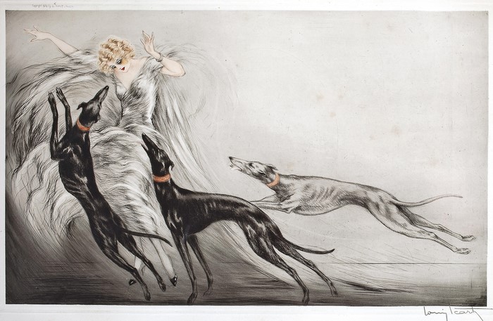 Woman in Fur Dress with Greyhounds by Louis Icart