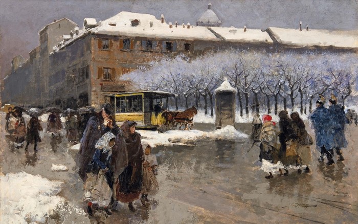 Winter scene in Milan with a horse-drawn tram and pedestrians