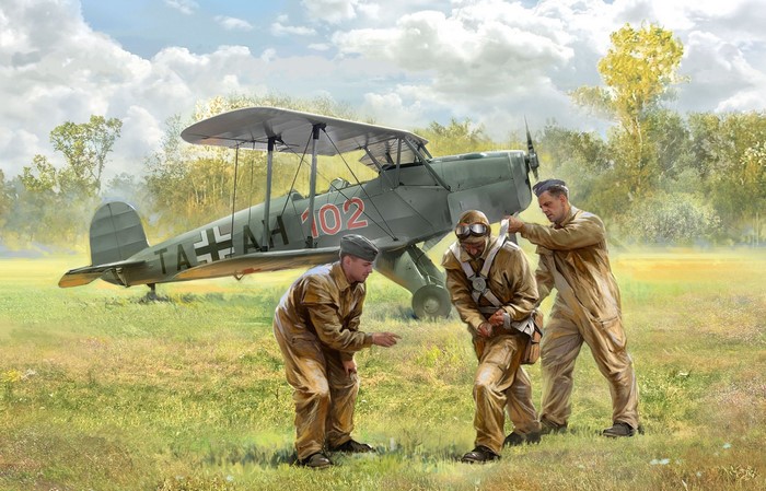 Luftwaffe pilots with a biplane on a grassy field
