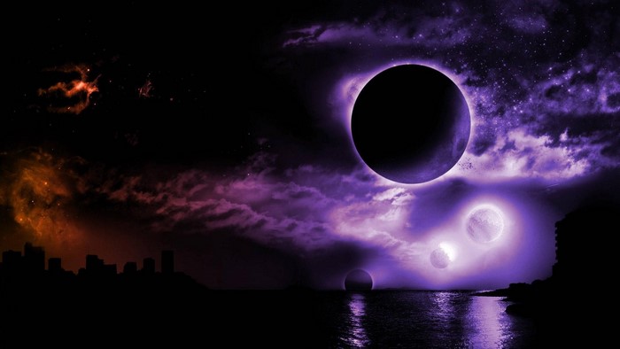 Eclipsed moons over a city skyline with reflections
