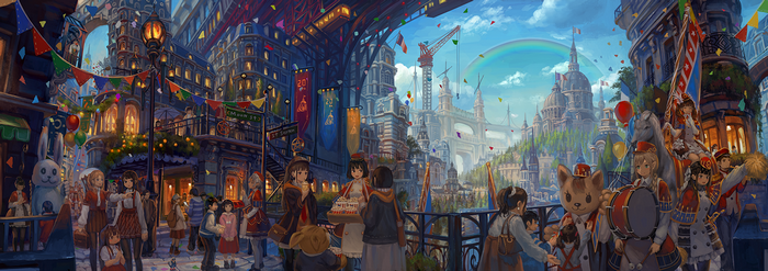 Anime festival parade with marching band and buildings