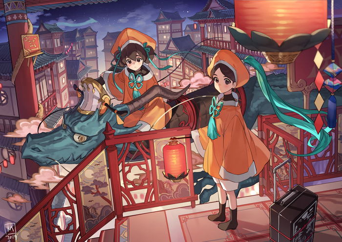Two girls in orange cloaks with a dragon in Asian city