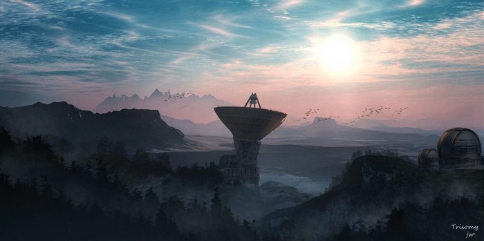 Digital artwork of a radio telescope in a mountainous landscape