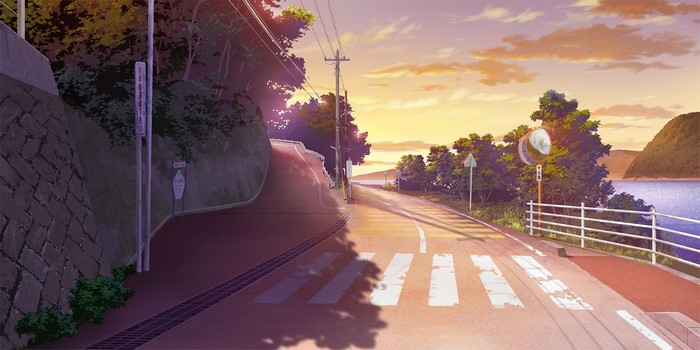 Anime landscape of a coastal road at sunset