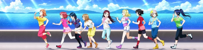Anime girls running along the coast