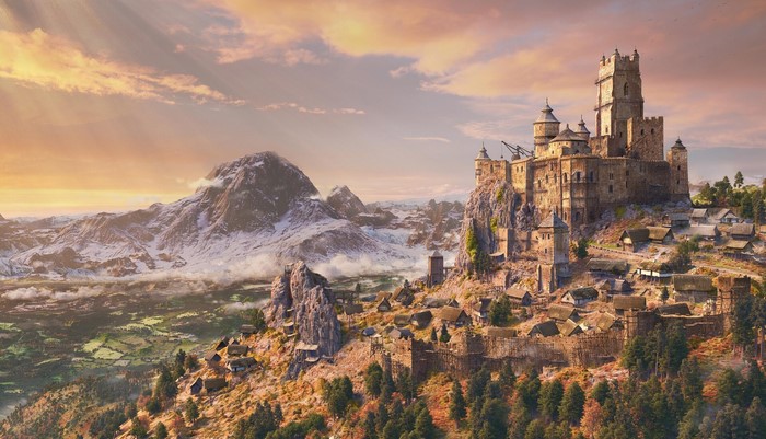 Castle on a mountain with snowy peaks