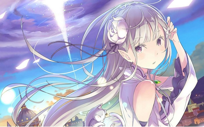 Emilia from Re:Zero with a cat