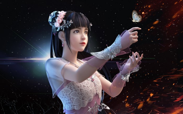 Anime girl with butterfly in starry background