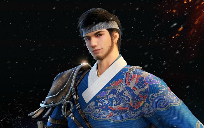 Anime man in blue dragon robe with headband