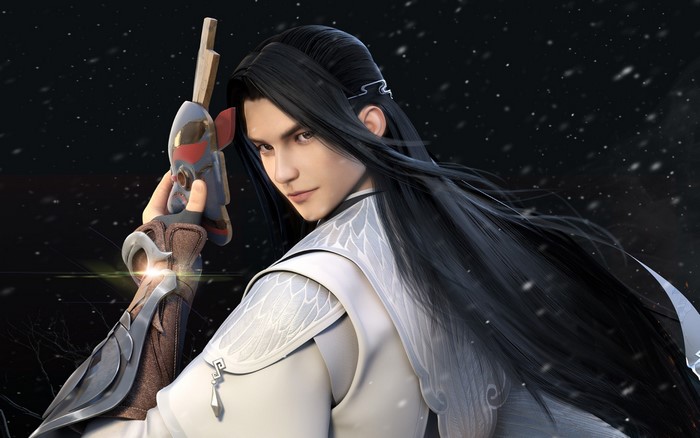 Anime boy with black hair holding a weapon