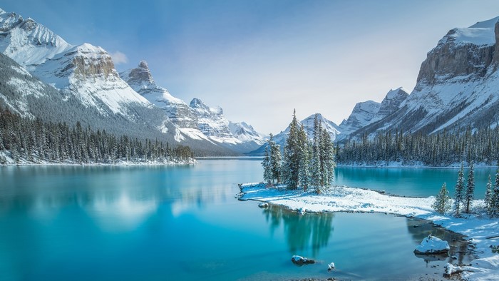 Maligne Lake in Jasper National Park, Canada during winter